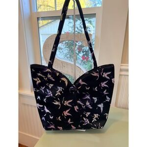Embroidered Butterfly Tote Bag Black Purple Satin Notched Top Large